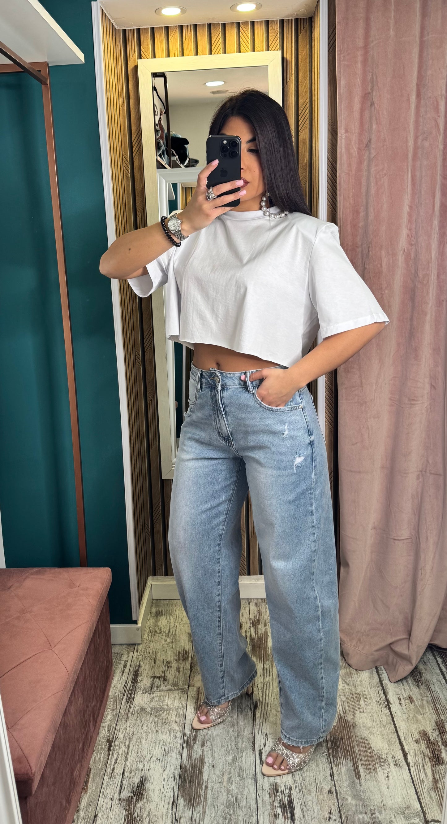 T shirt crop bianca spallina