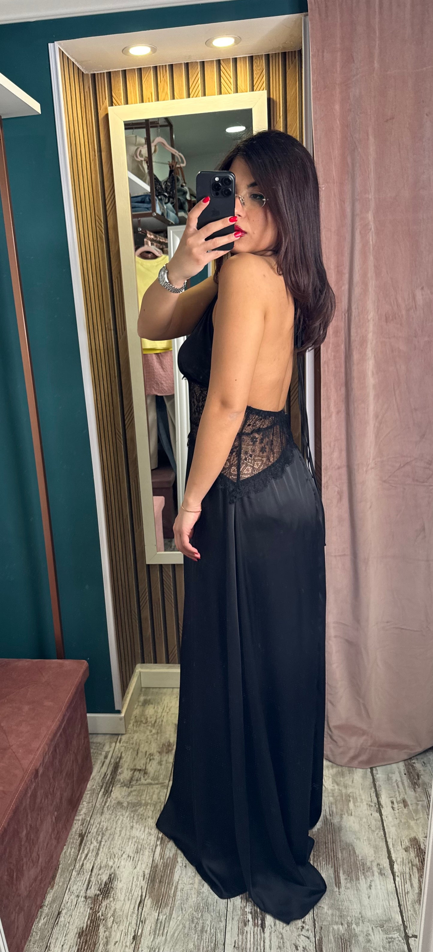 Vestito lungo saten merlettato