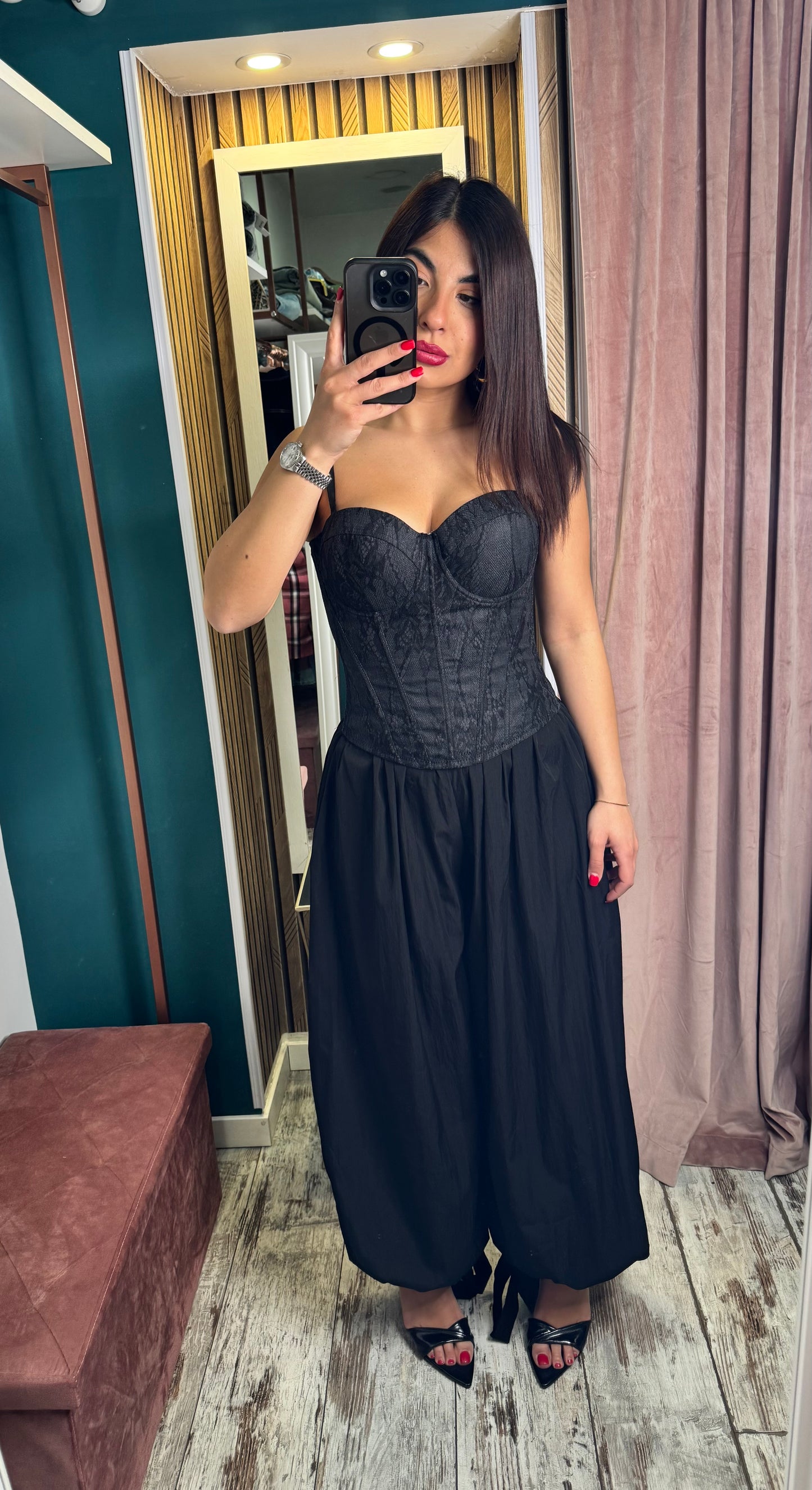 Corpetto nero denim merletto