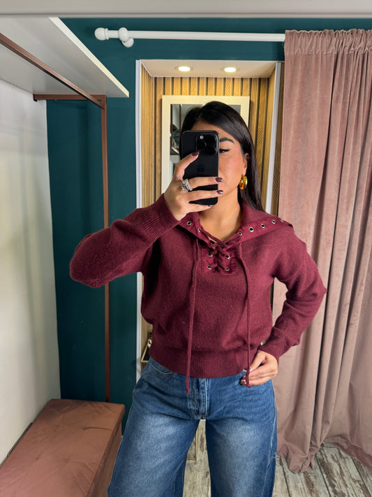 Pullover collo con lacci