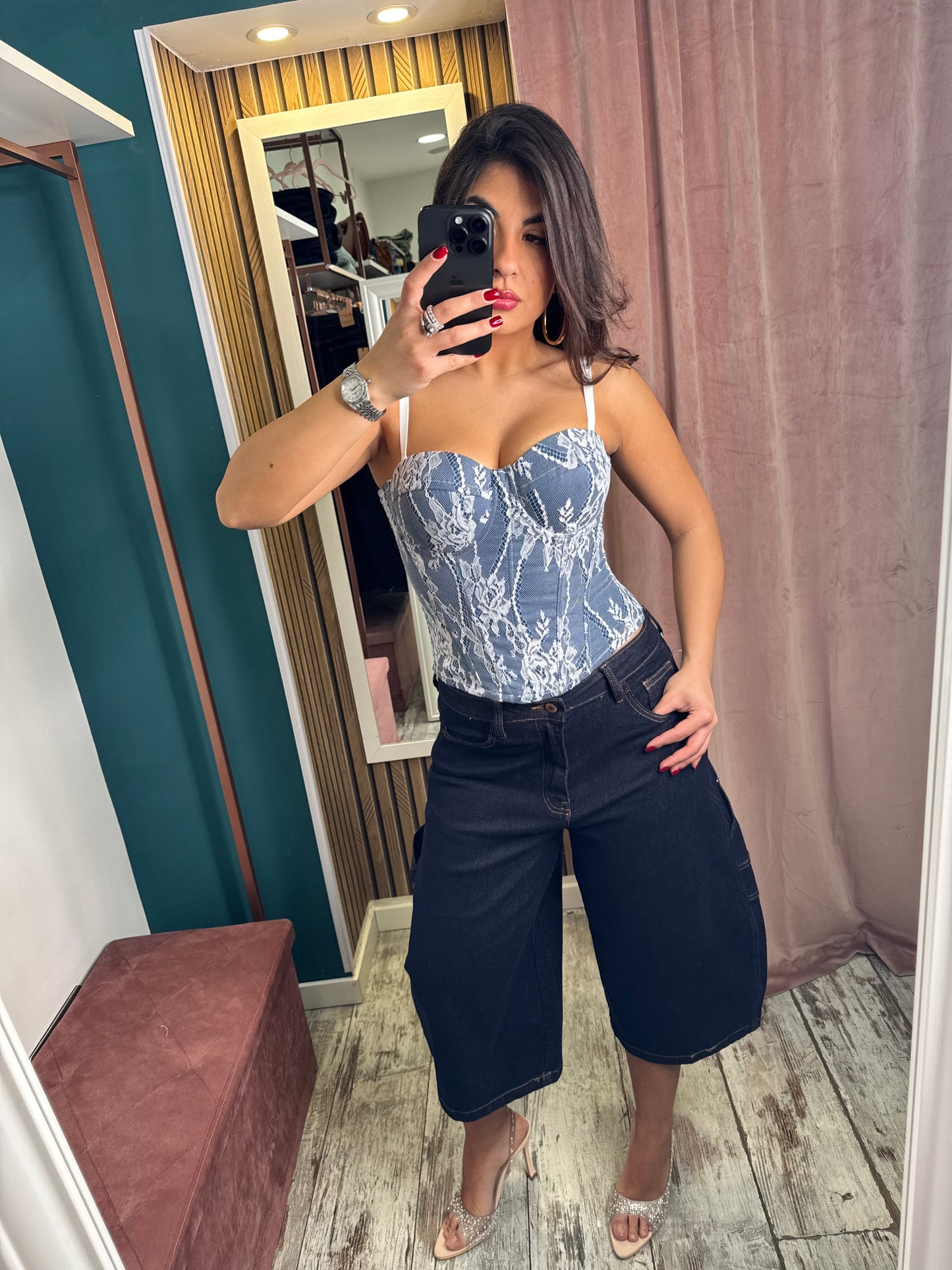 Corpetto denim merletto