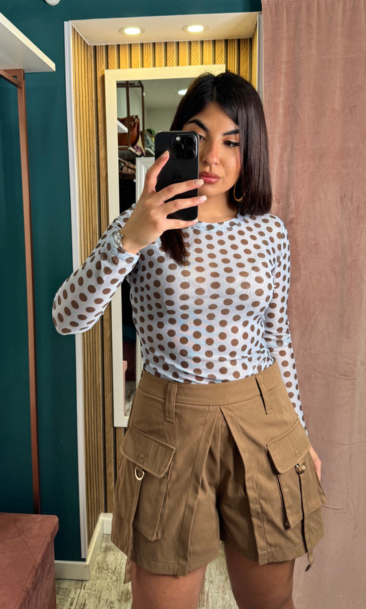 Top celeste pois brown