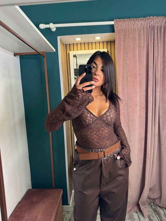 Top merletto marrone