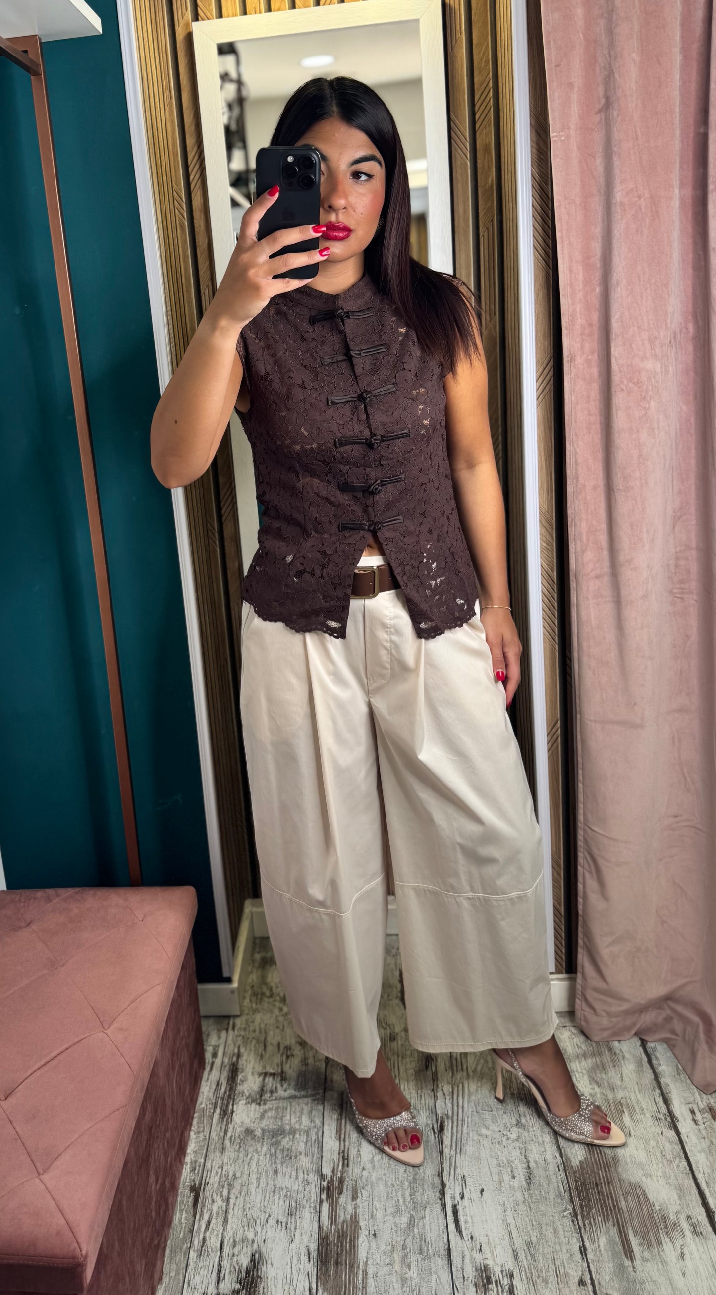 Top japan merletto marrone