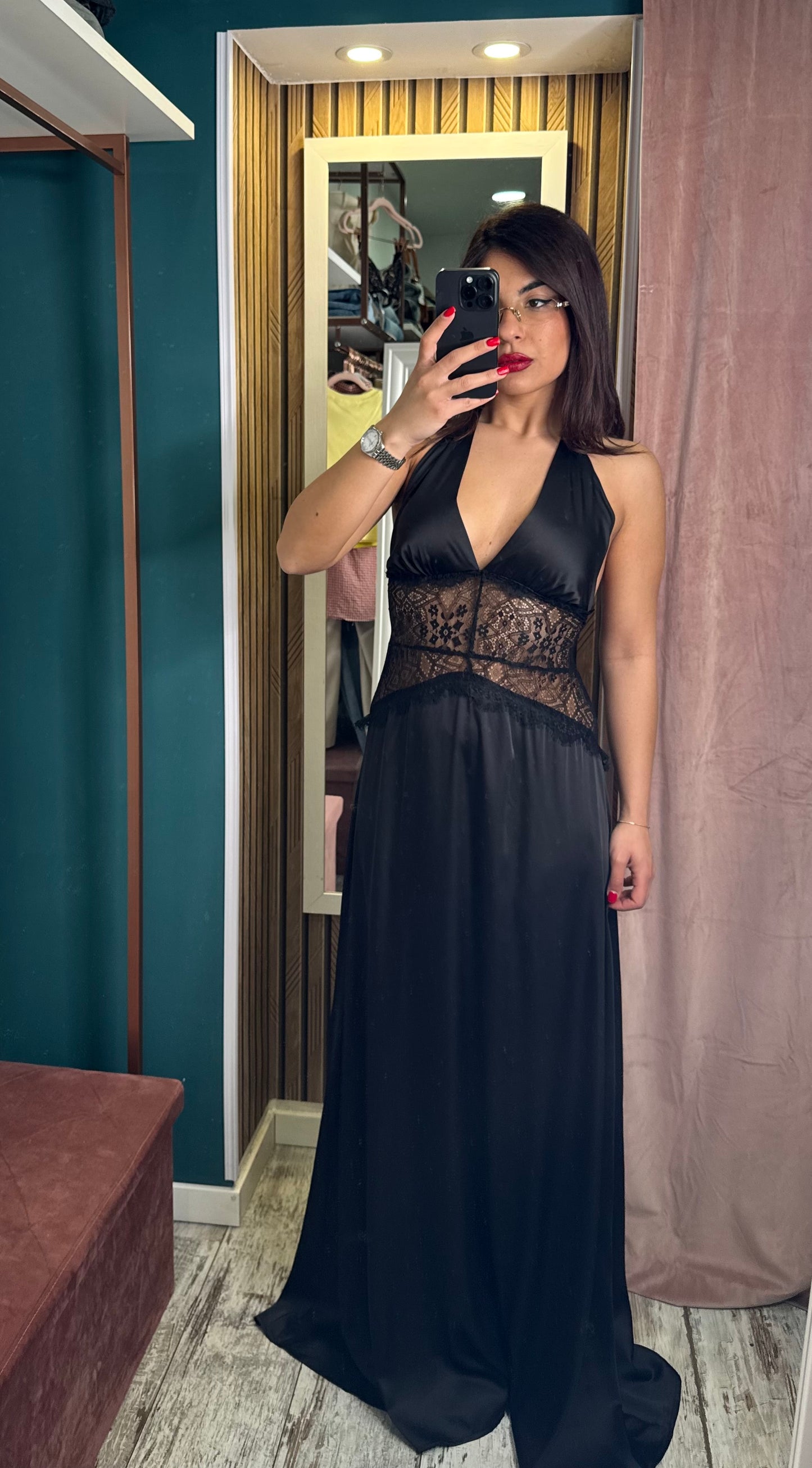 Vestito lungo saten merlettato