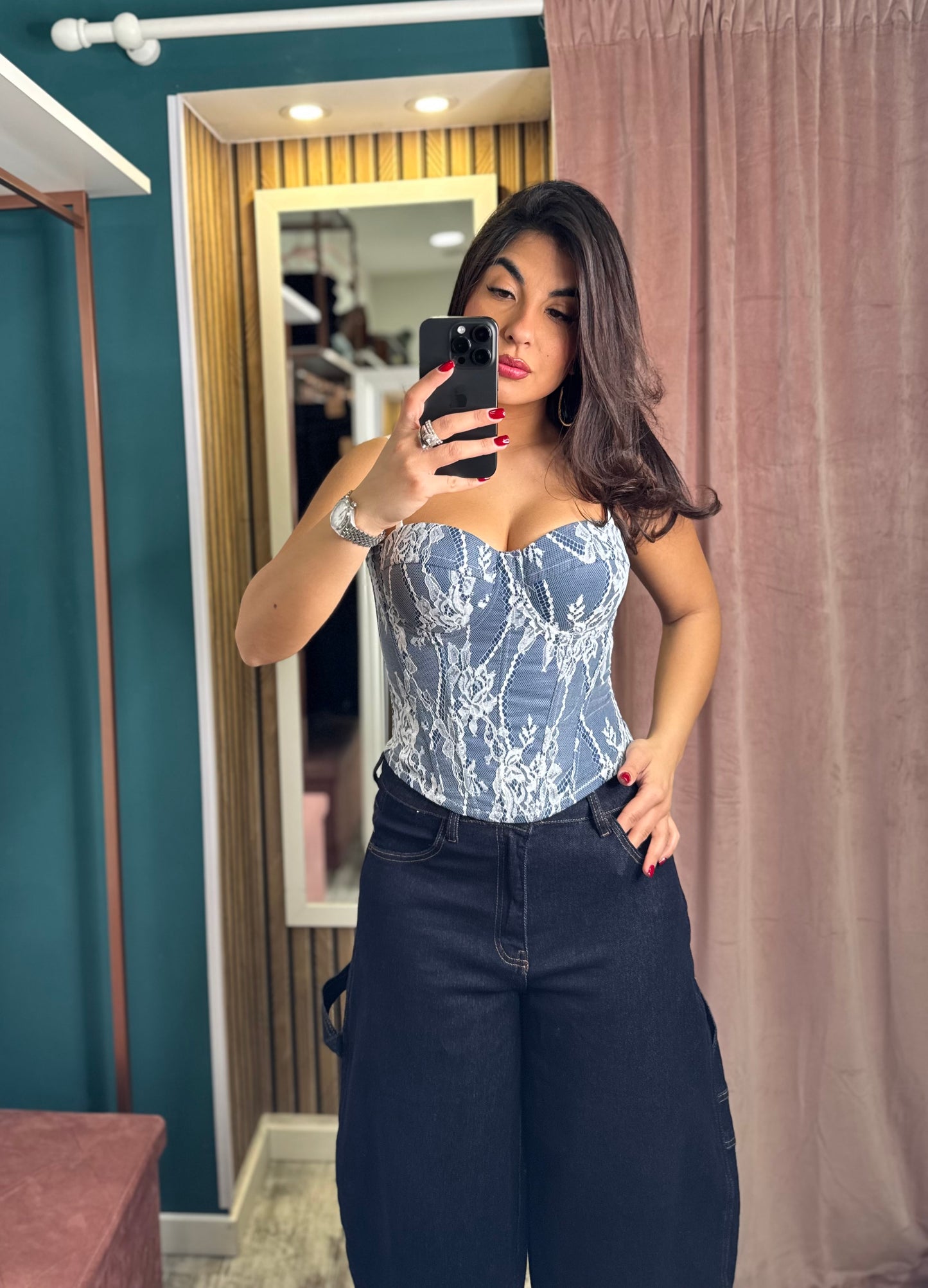 Corpetto denim merletto