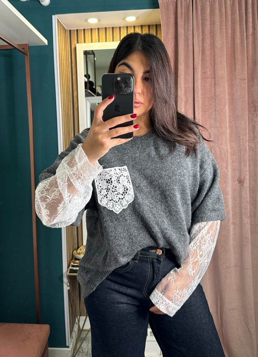 Pullover macramè grey