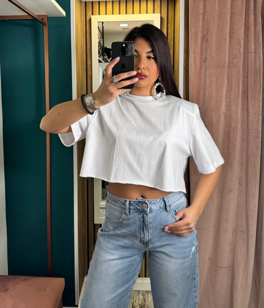 T shirt crop bianca spallina