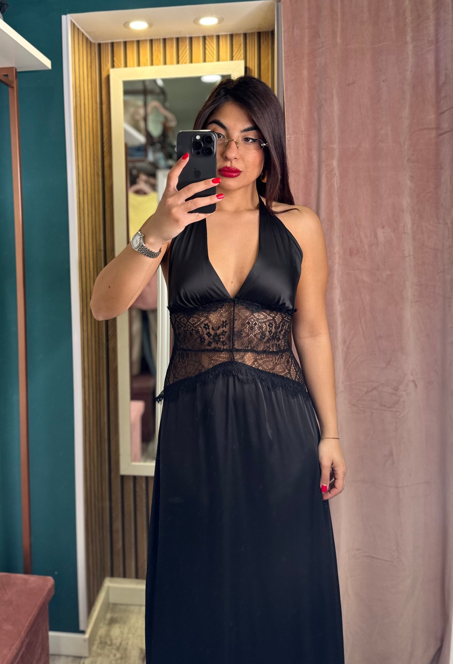 Vestito lungo saten merlettato