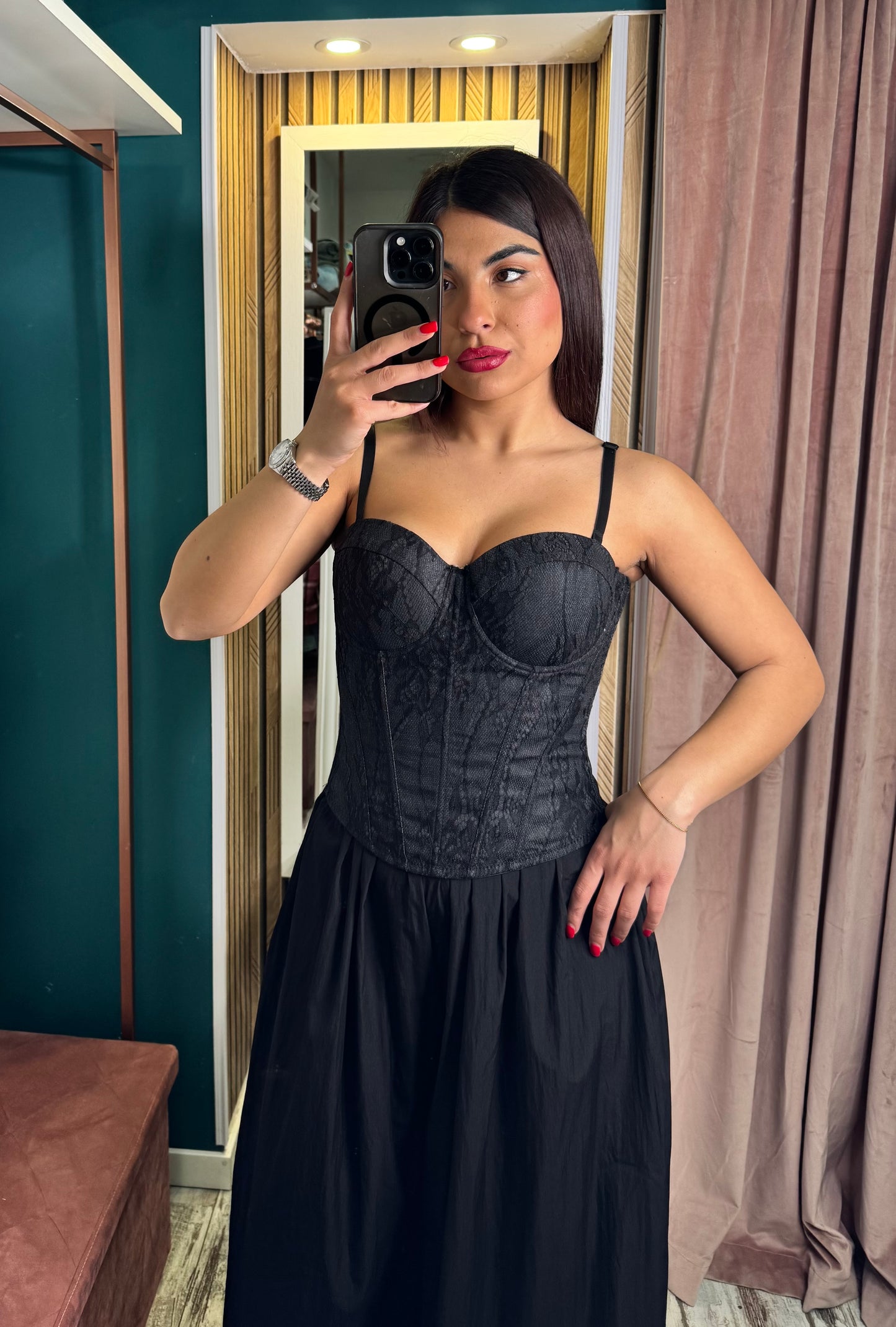 Corpetto nero denim merletto