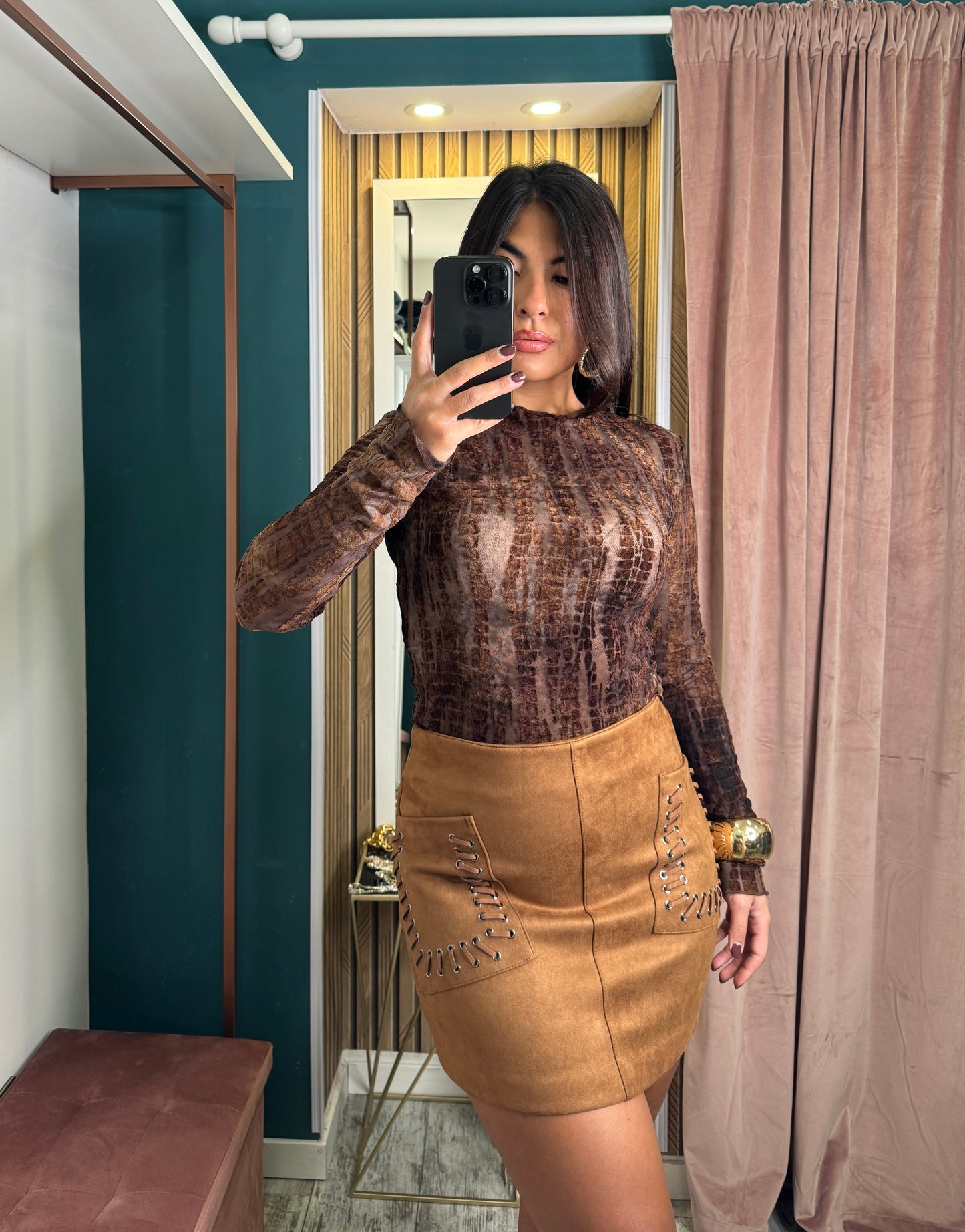 Minigonna camoscio beige